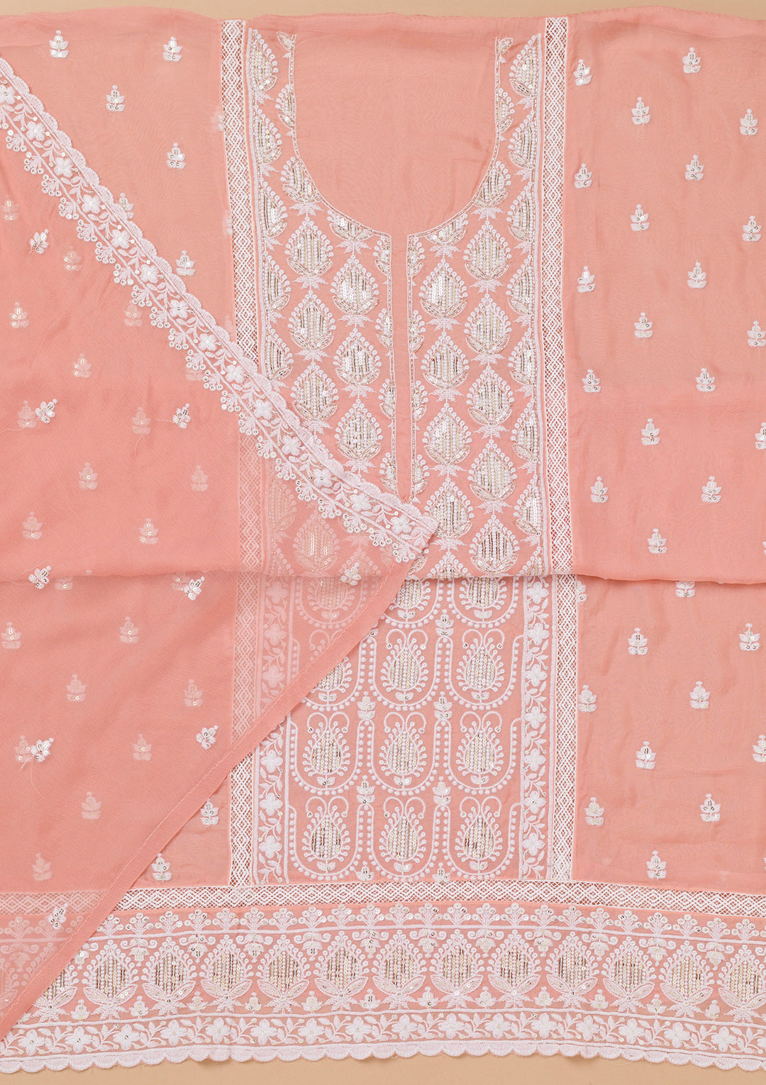 Peach Threadwork Semi Crepe Unstitched Salwar Suit