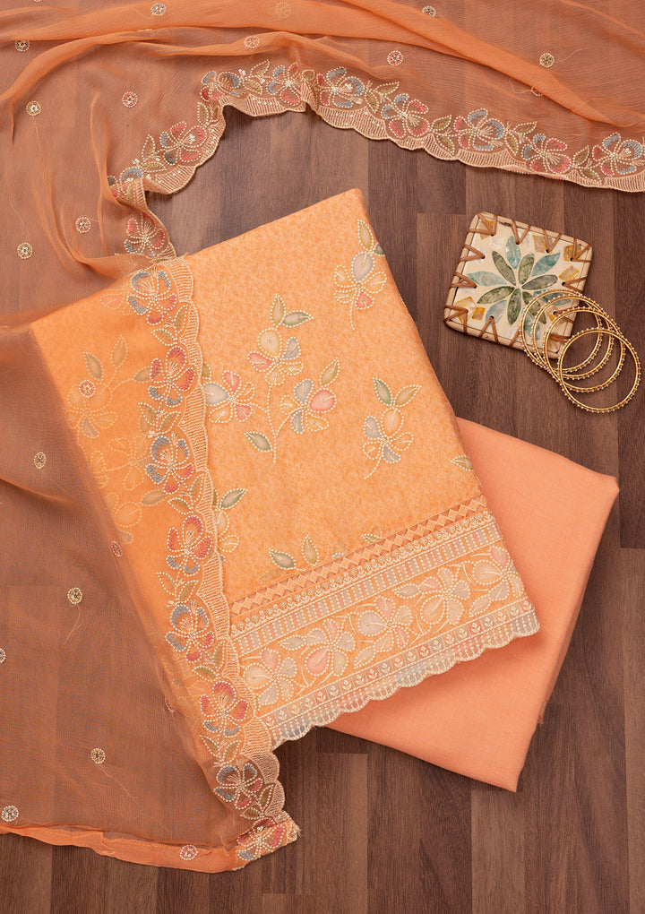 Peach Threadwork Semi Crepe Unstitched Salwar Suit