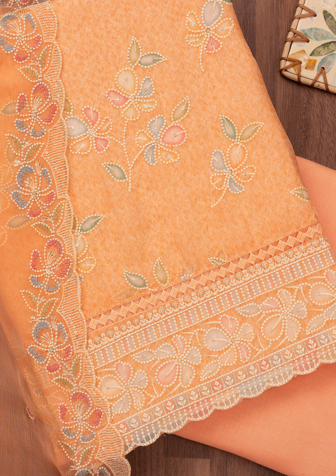 Peach Threadwork Semi Crepe Unstitched Salwar Suit