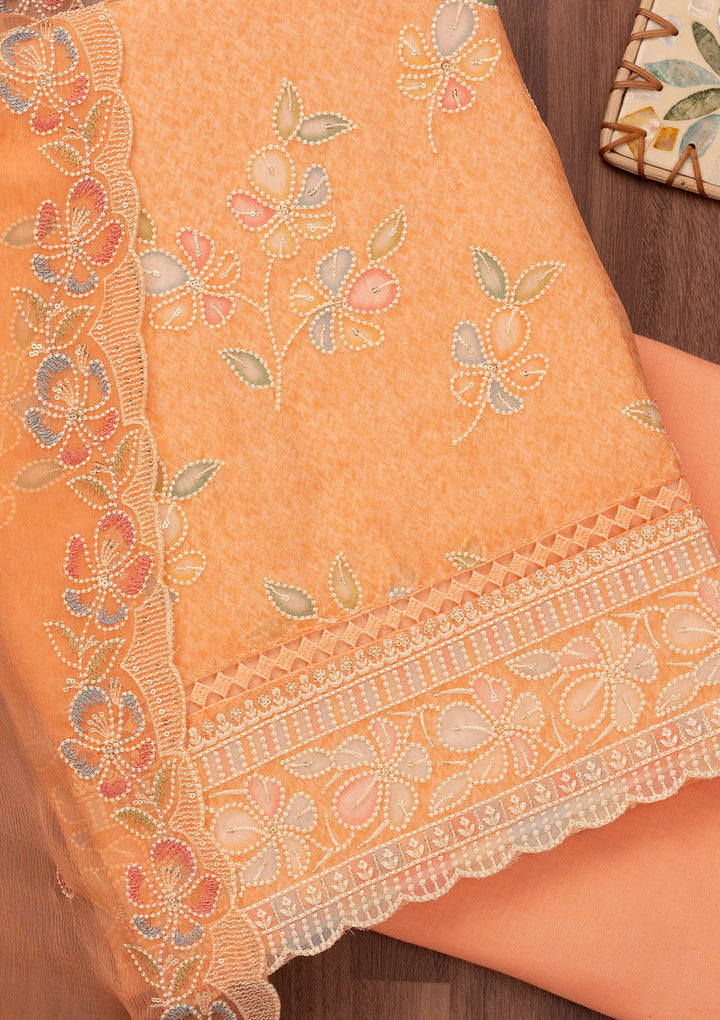 Peach Threadwork Semi Crepe Unstitched Salwar Suit