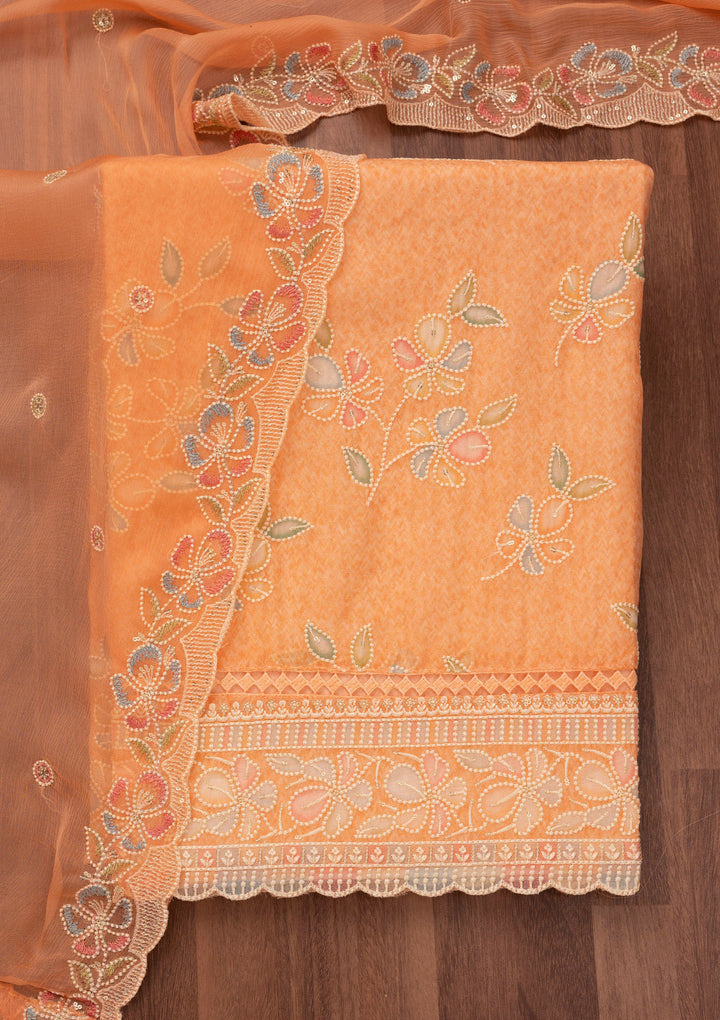 Peach Threadwork Semi Crepe Unstitched Salwar Suit