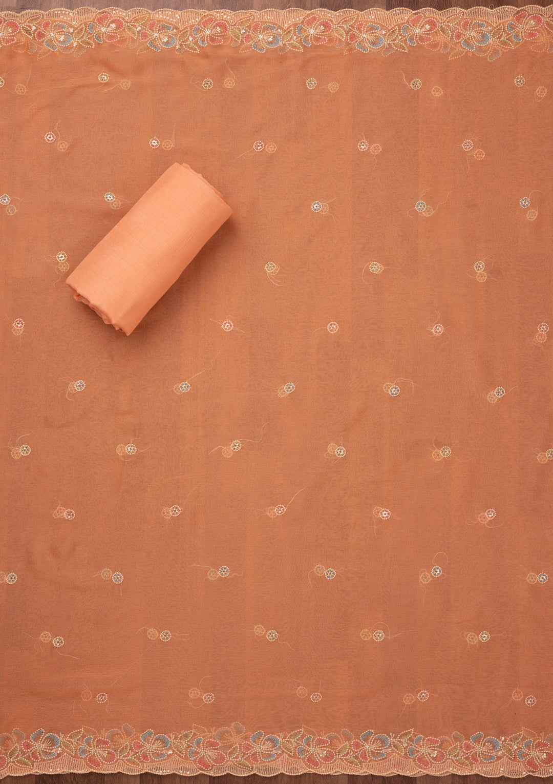 Peach Threadwork Semi Crepe Unstitched Salwar Suit