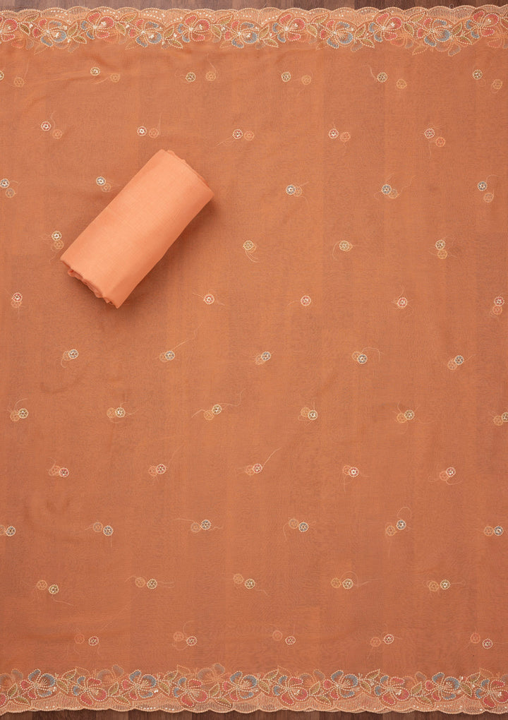Peach Threadwork Semi Crepe Unstitched Salwar Suit