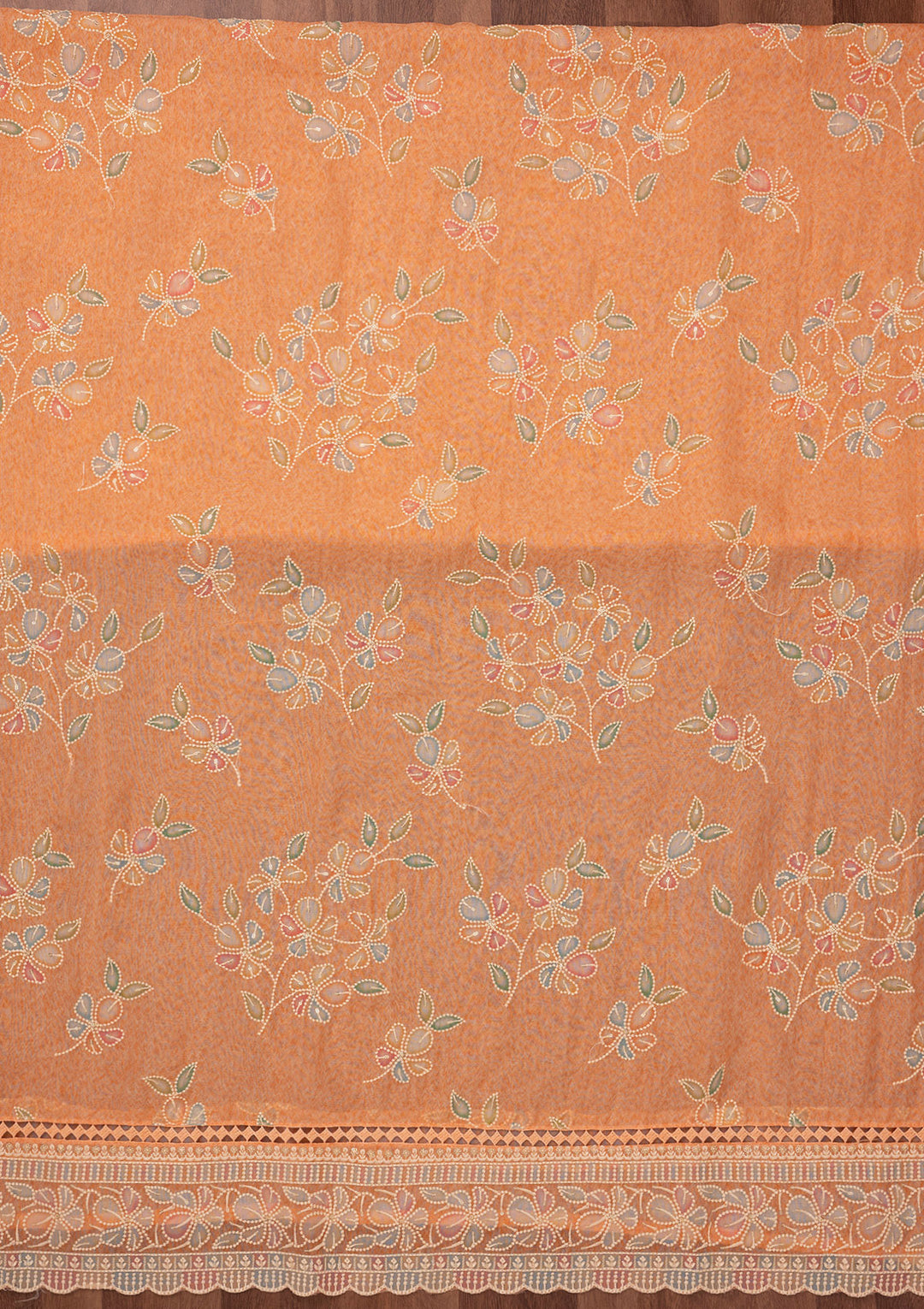 Peach Threadwork Semi Crepe Unstitched Salwar Suit