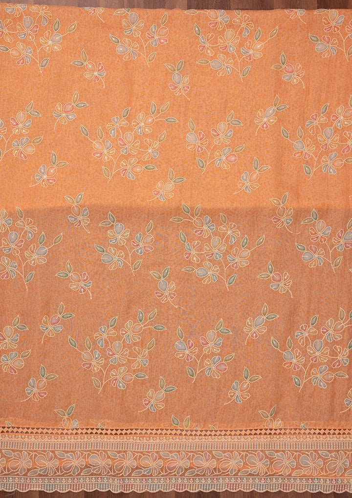 Peach Threadwork Semi Crepe Unstitched Salwar Suit