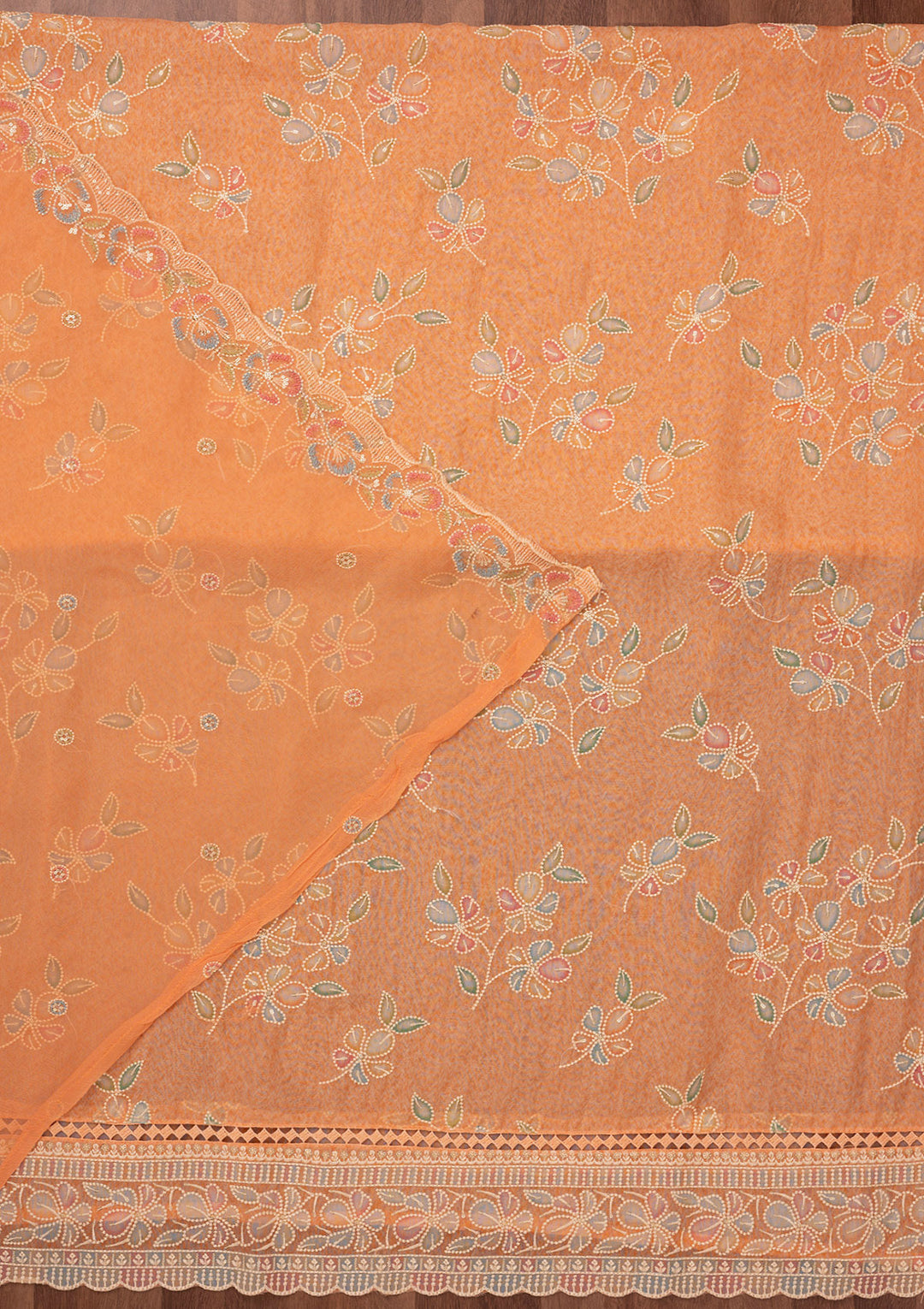 Peach Threadwork Semi Crepe Unstitched Salwar Suit