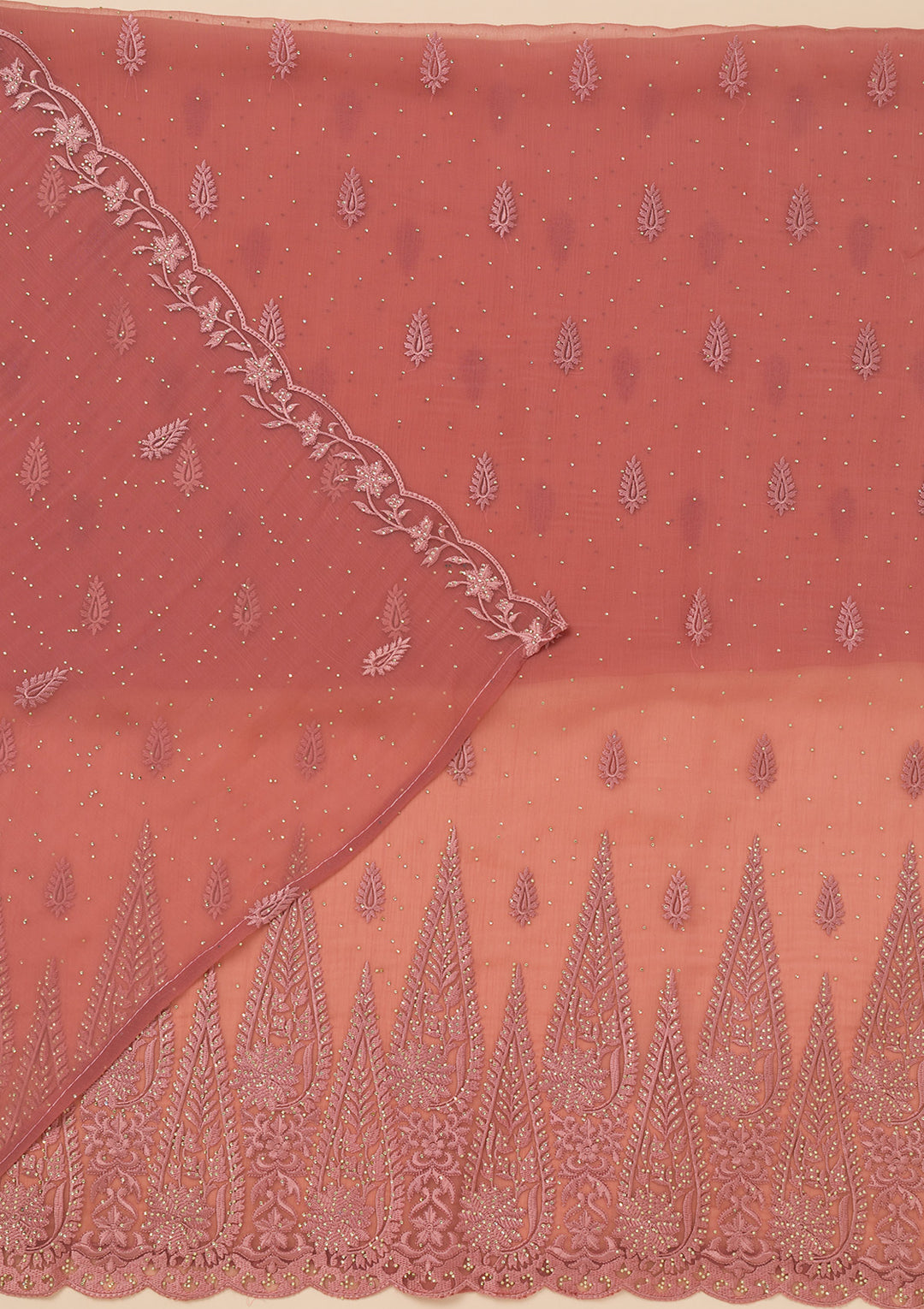 Peach Threadwork Tissue Unstitched Salwar Suit