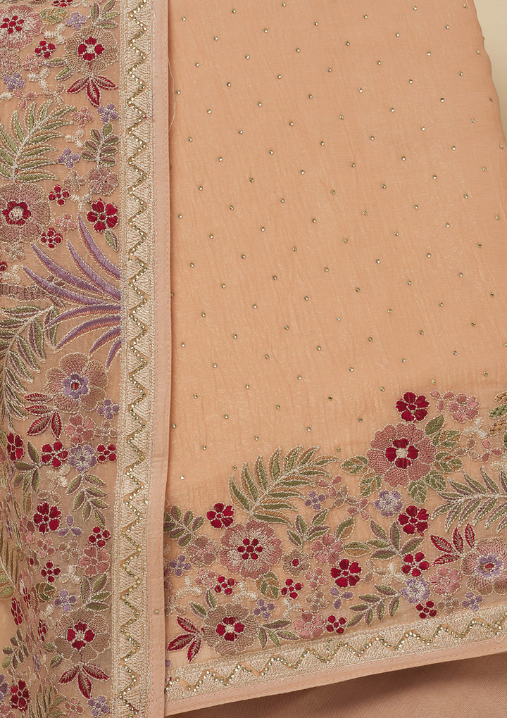 Peach Chiffon Threadwork Unstitched Dress Material With Matching Bottom And Dupatta