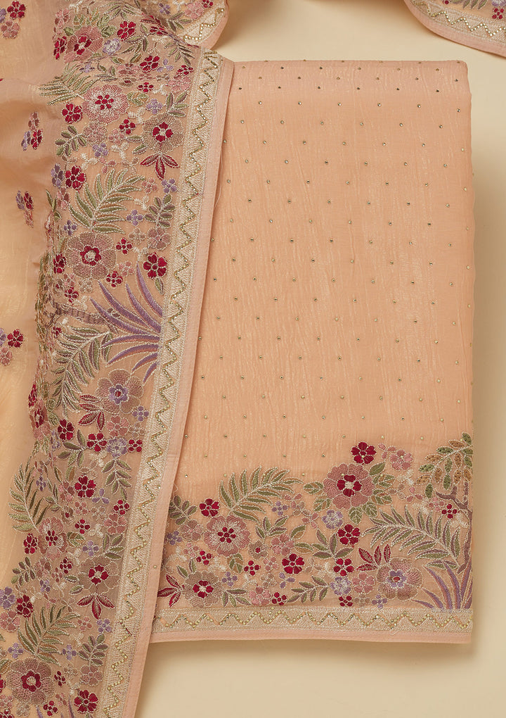 Peach Chiffon Threadwork Unstitched Dress Material With Matching Bottom And Dupatta