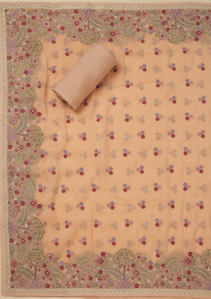 Peach Chiffon Threadwork Unstitched Dress Material With Matching Bottom And Dupatta