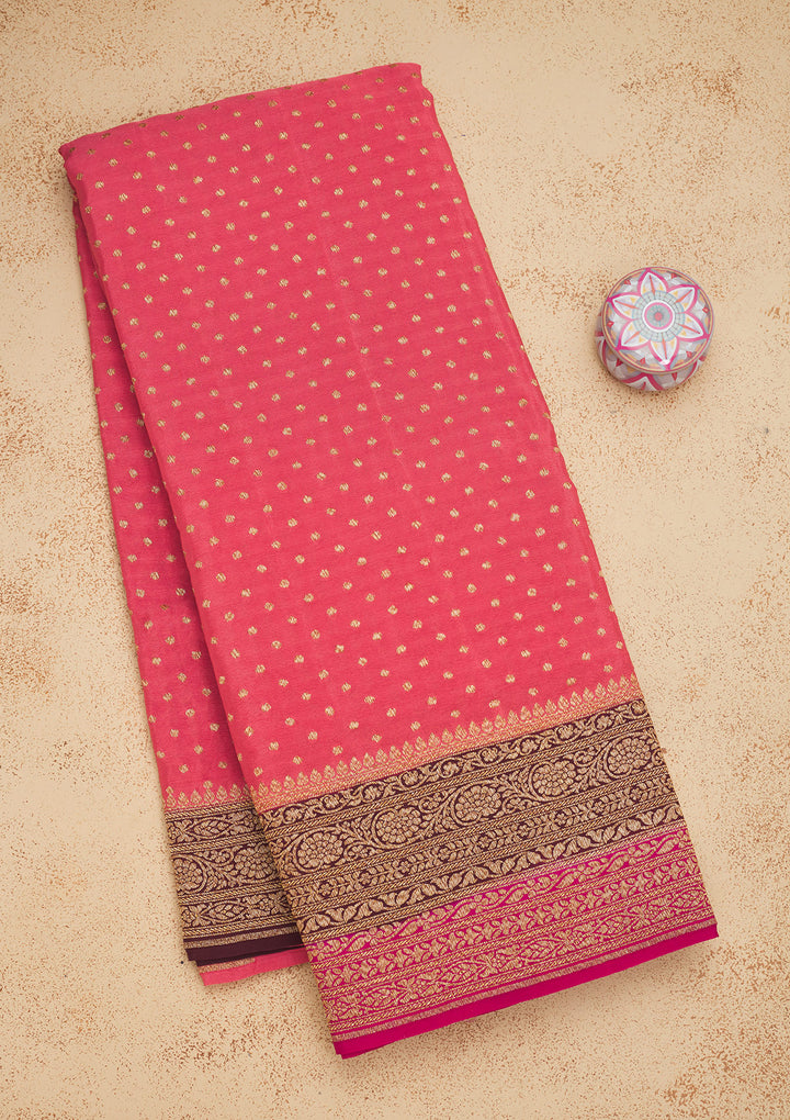 Peach Crepe Jaal Gold Zariwork Saree With Matching Blouse Piece