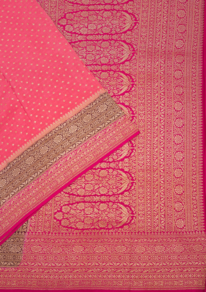 Peach Crepe Jaal Gold Zariwork Saree With Matching Blouse Piece