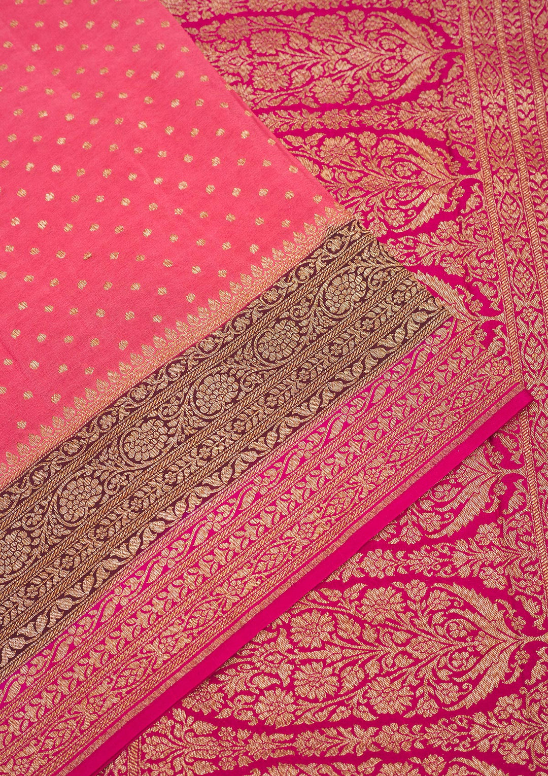 Peach Crepe Jaal Gold Zariwork Saree With Matching Blouse Piece