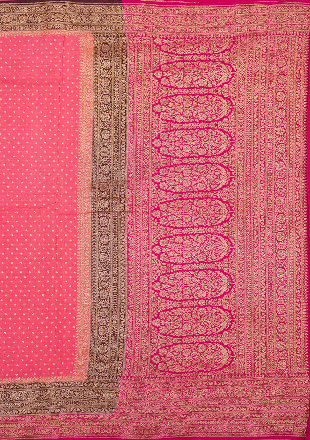 Peach Crepe Jaal Gold Zariwork Saree With Matching Blouse Piece
