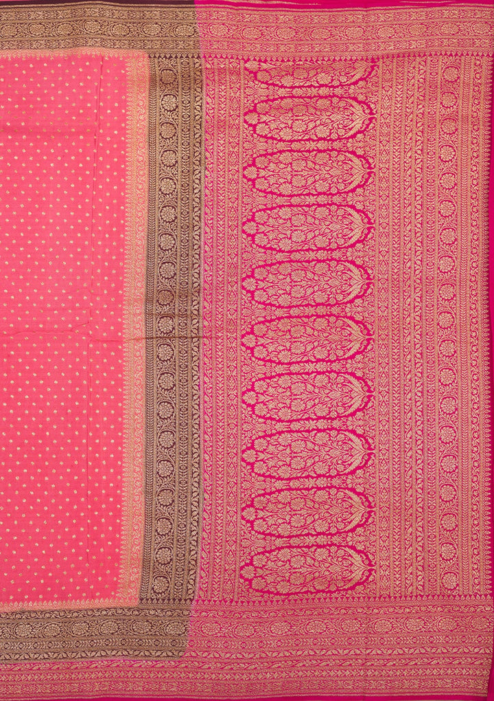 Peach Crepe Jaal Gold Zariwork Saree With Matching Blouse Piece