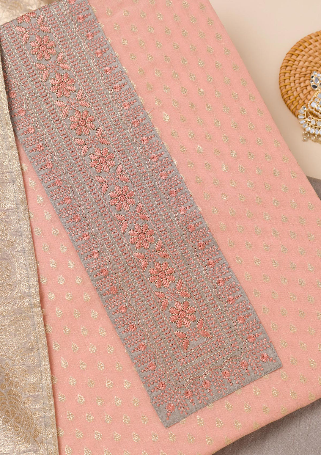 Peach Threadwork Chanderi Unstitched Salwar Suit