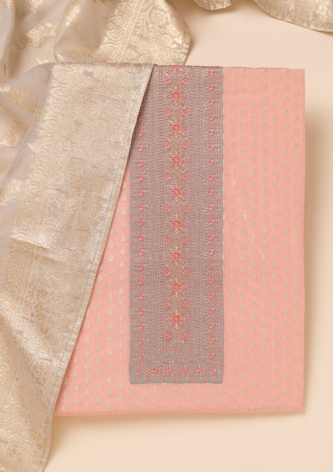 Peach Threadwork Chanderi Unstitched Salwar Suit