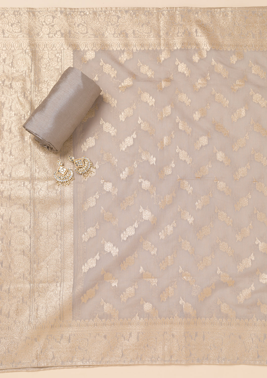 Peach Threadwork Chanderi Unstitched Salwar Suit