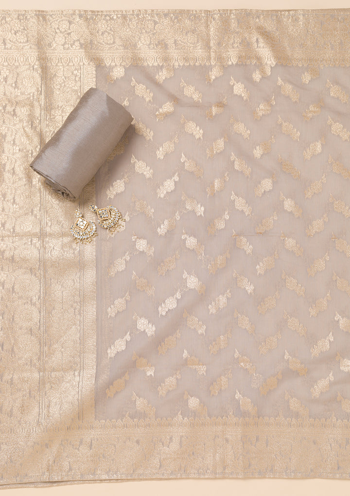 Peach Threadwork Chanderi Unstitched Salwar Suit