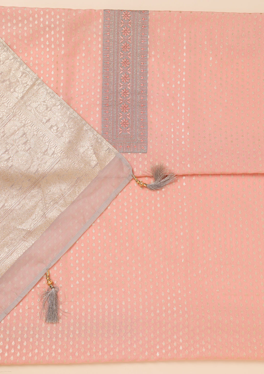 Peach Threadwork Chanderi Unstitched Salwar Suit