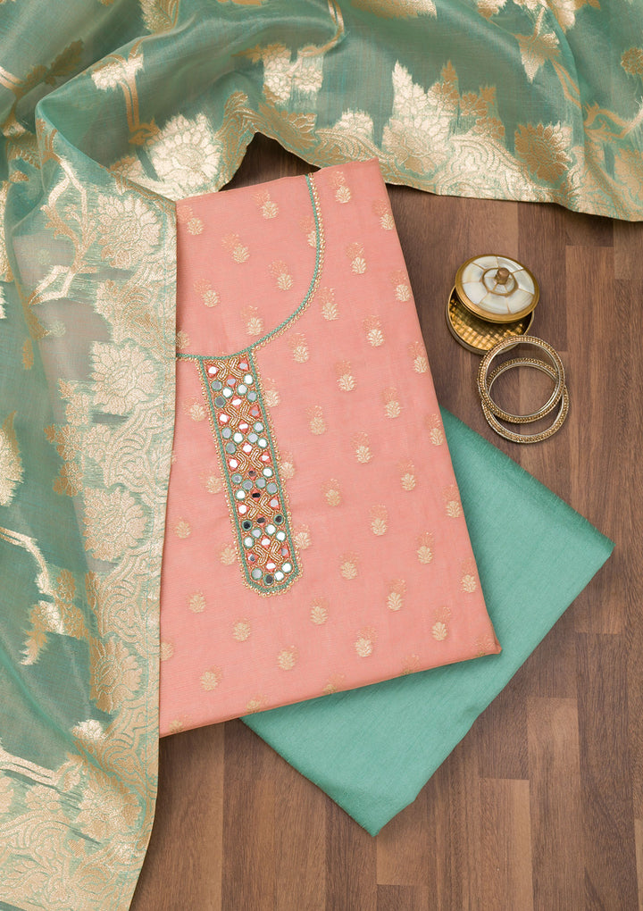 Peach Mirrorwork Chanderi Unstitched Salwar Suit