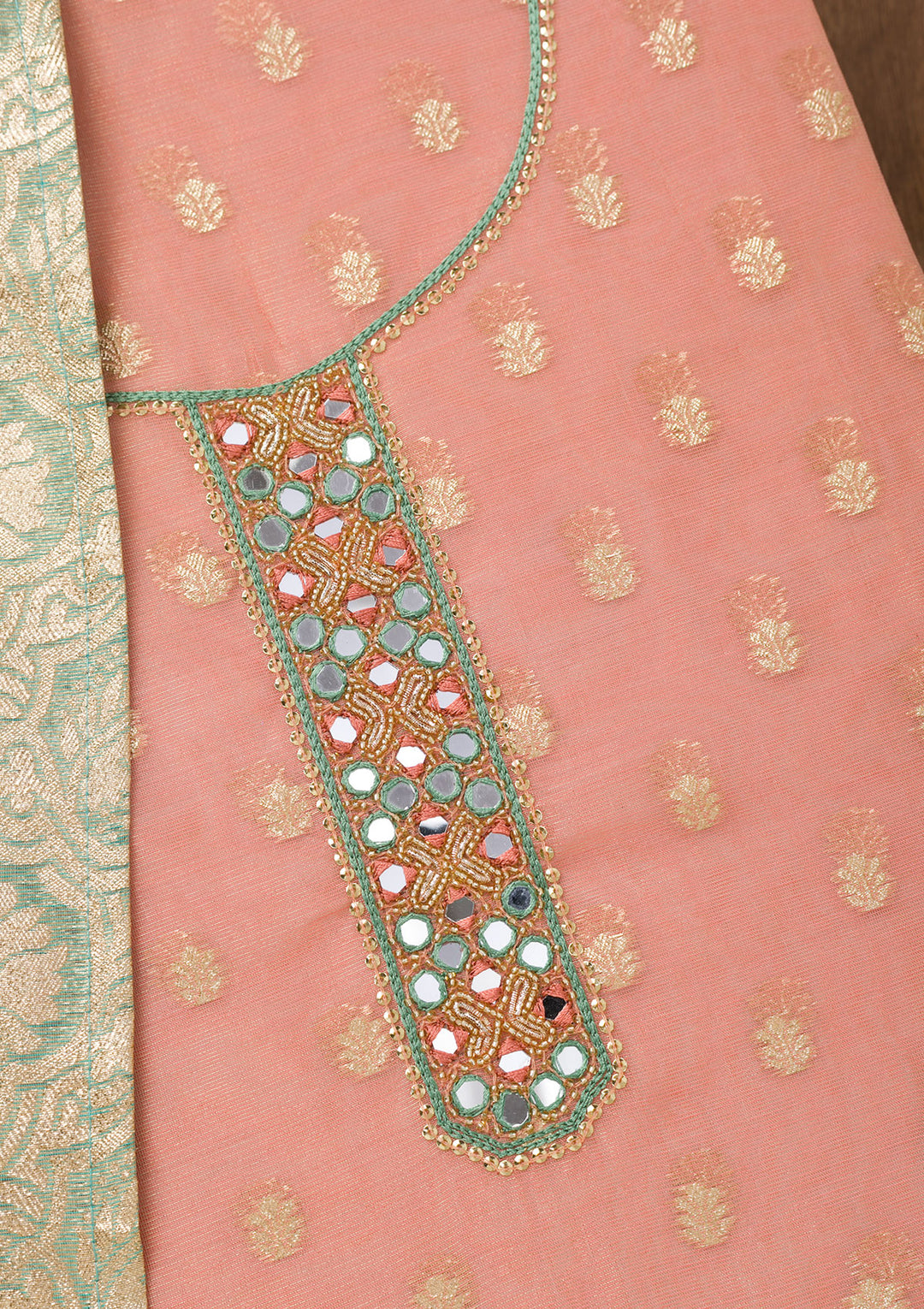 Peach Mirrorwork Chanderi Unstitched Salwar Suit