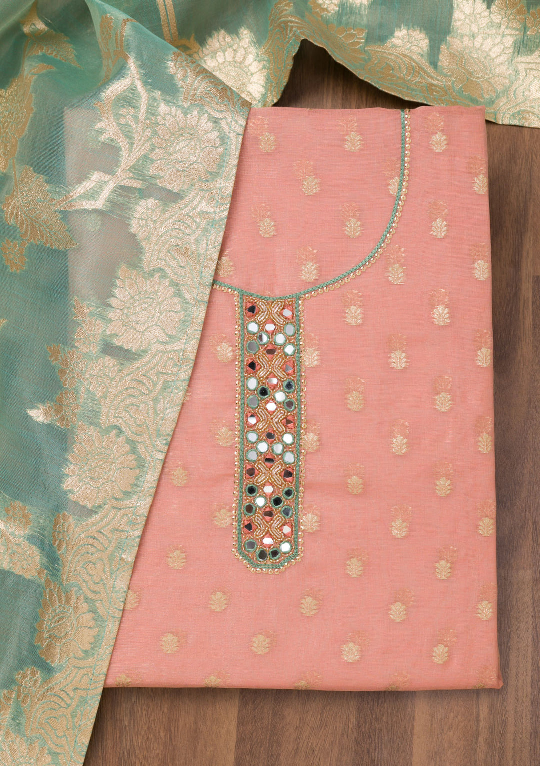 Peach Mirrorwork Chanderi Unstitched Salwar Suit