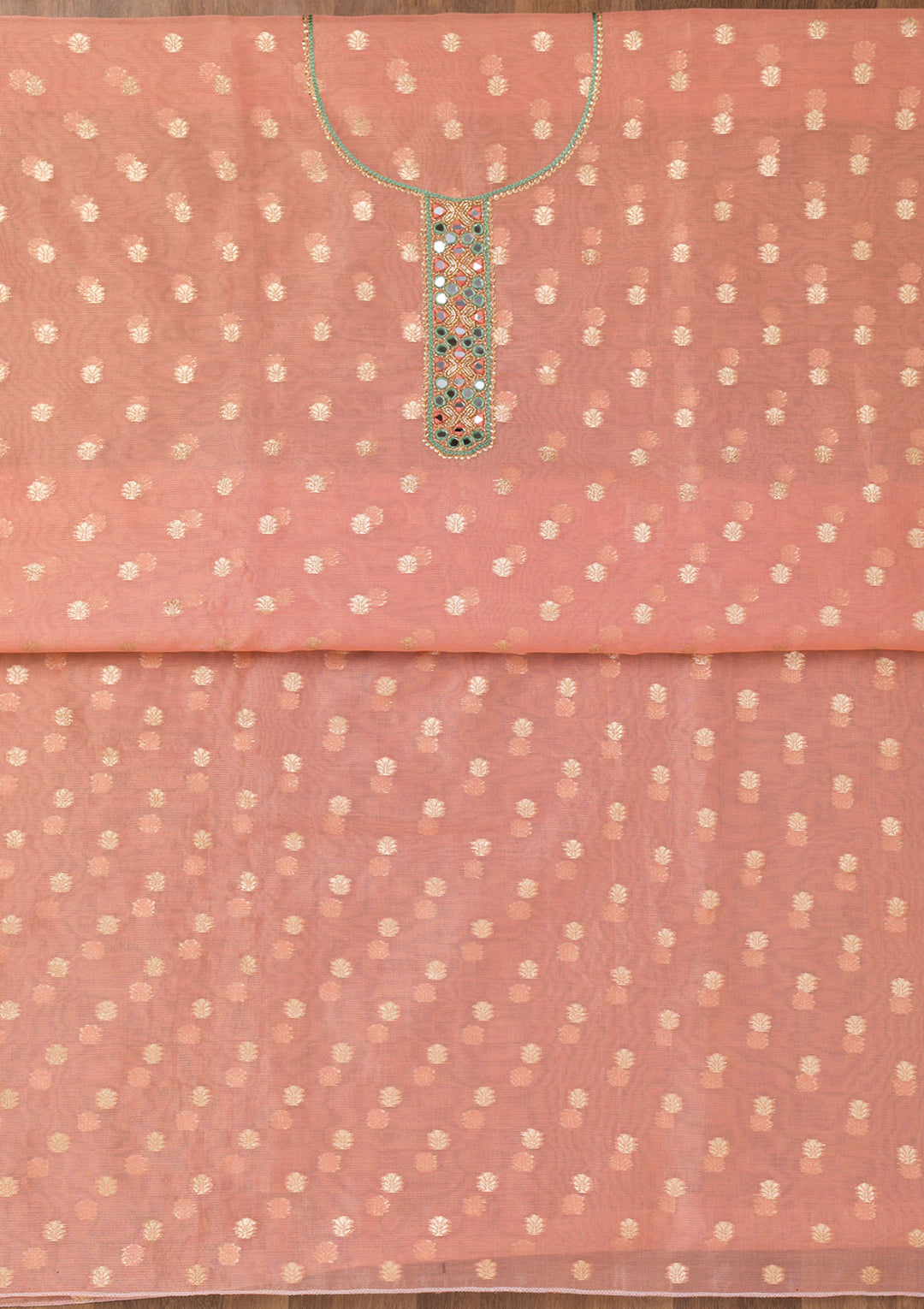 Peach Mirrorwork Chanderi Unstitched Salwar Suit