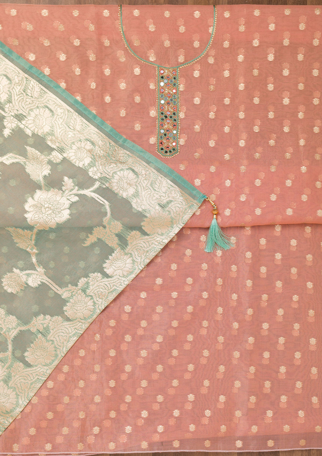 Peach Mirrorwork Chanderi Unstitched Salwar Suit