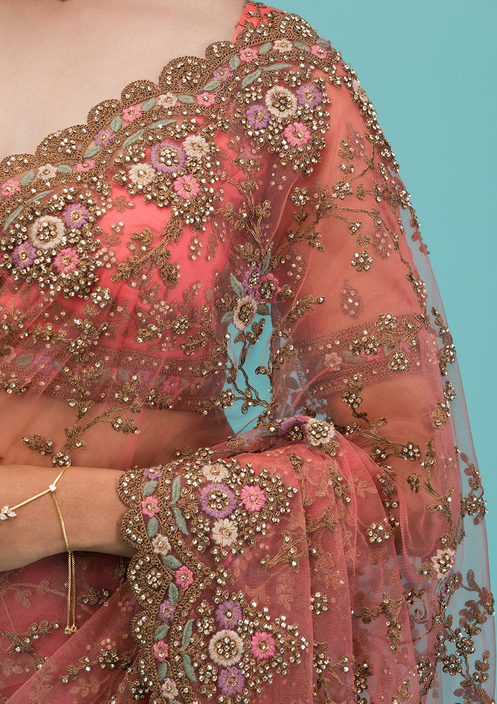 Peach Zariwork Net Saree