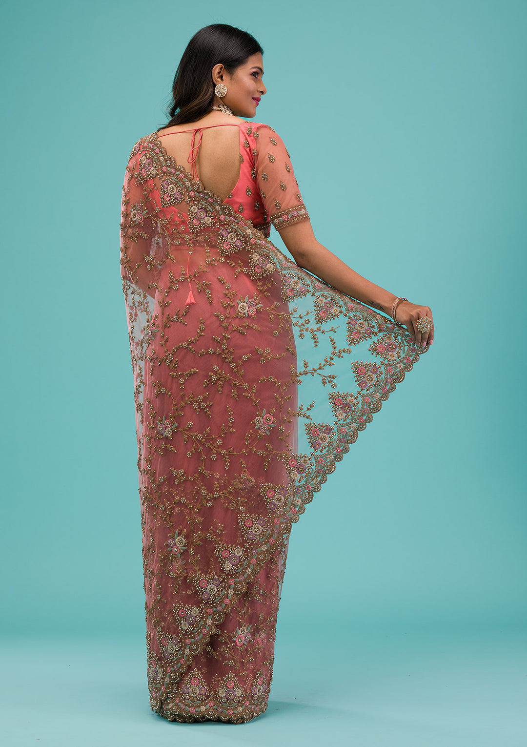 Peach Zariwork Net Saree