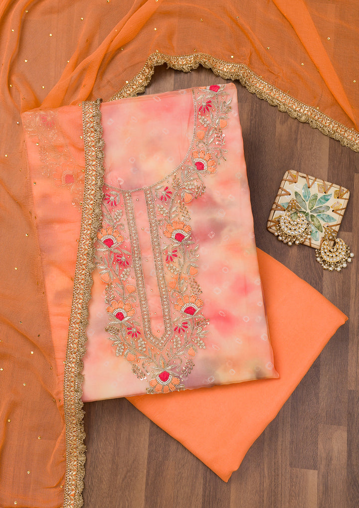 Peach Multi Organza Abstract Geometric Silver Zardozi Work Unstitched Dress Material With Matching Bottom And Dupatta