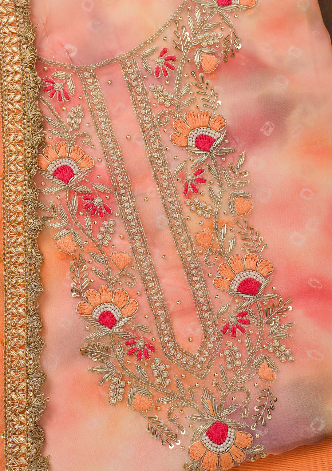 Peach Multi Organza Abstract Geometric Silver Zardozi Work Unstitched Dress Material With Matching Bottom And Dupatta