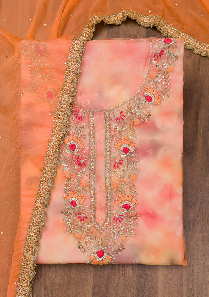 Peach Multi Organza Abstract Geometric Silver Zardozi Work Unstitched Dress Material With Matching Bottom And Dupatta