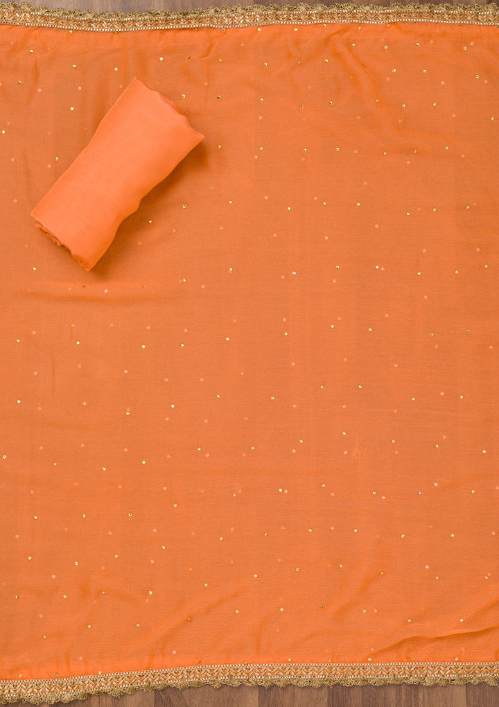 Peach Multi Organza Abstract Geometric Silver Zardozi Work Unstitched Dress Material With Matching Bottom And Dupatta