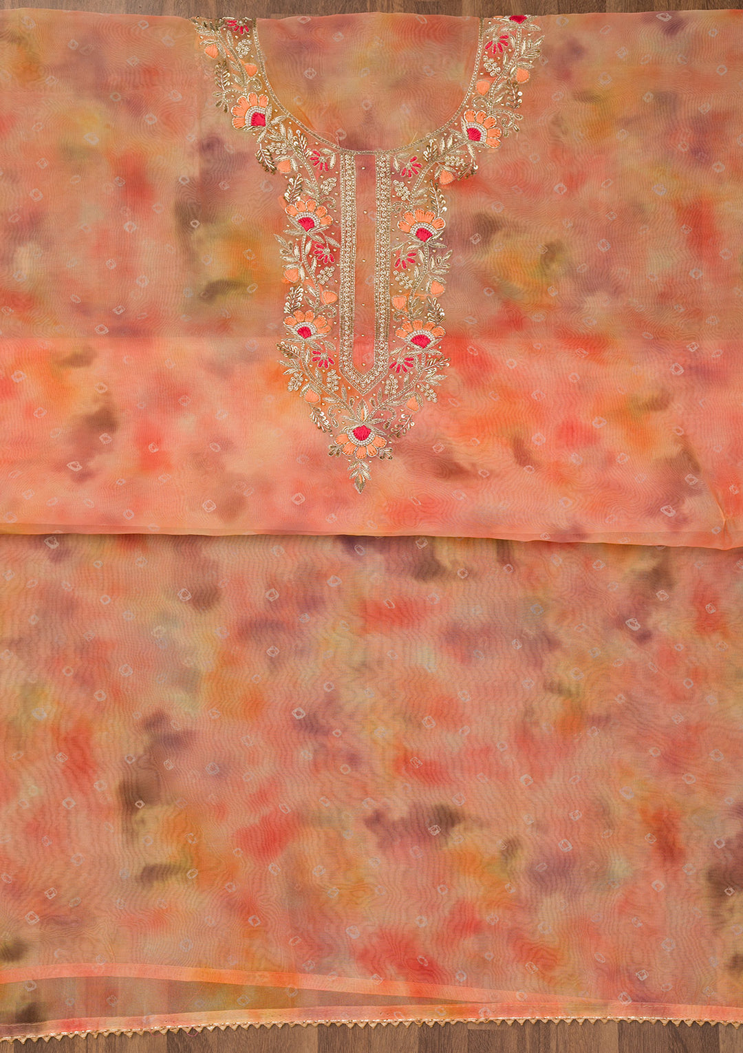 Peach Multi Organza Abstract Geometric Silver Zardozi Work Unstitched Dress Material With Matching Bottom And Dupatta