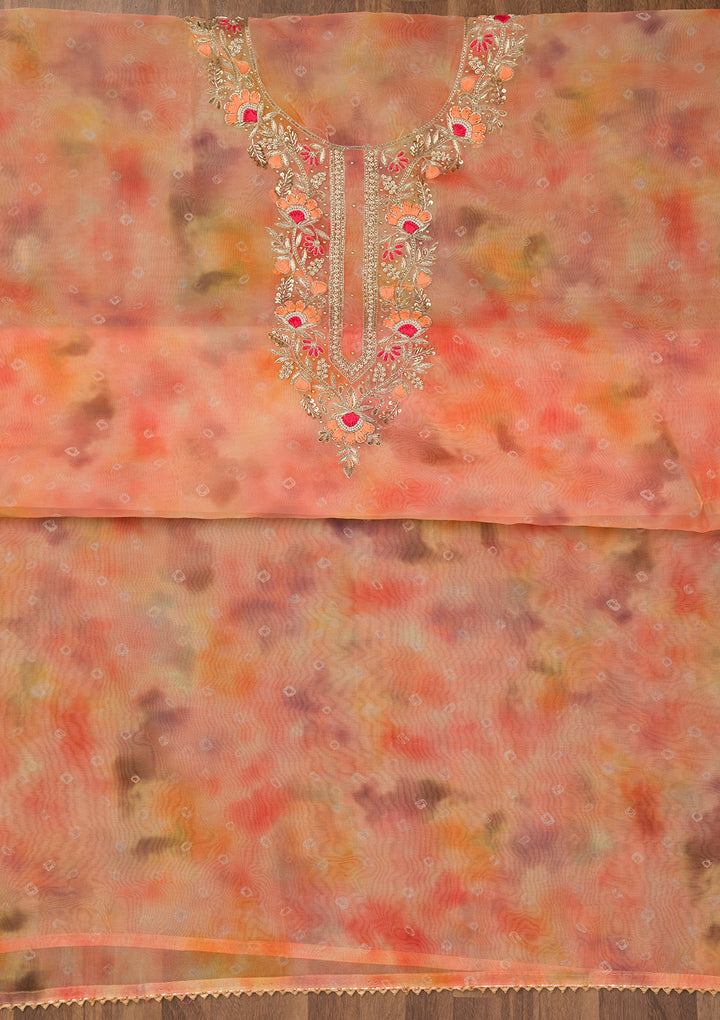 Peach Multi Organza Abstract Geometric Silver Zardozi Work Unstitched Dress Material With Matching Bottom And Dupatta
