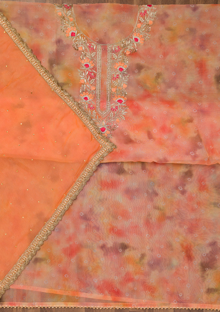 Peach Multi Organza Abstract Geometric Silver Zardozi Work Unstitched Dress Material With Matching Bottom And Dupatta