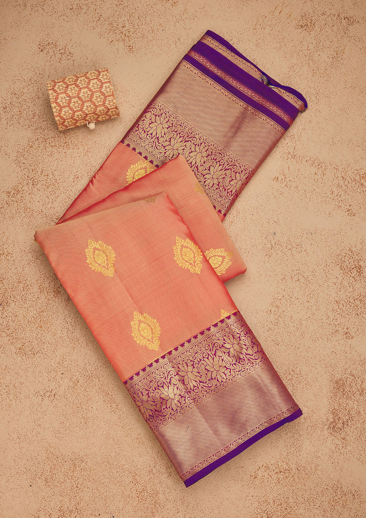 Peach Silk Buti Gold Zariwork Saree With Matching Blouse Piece