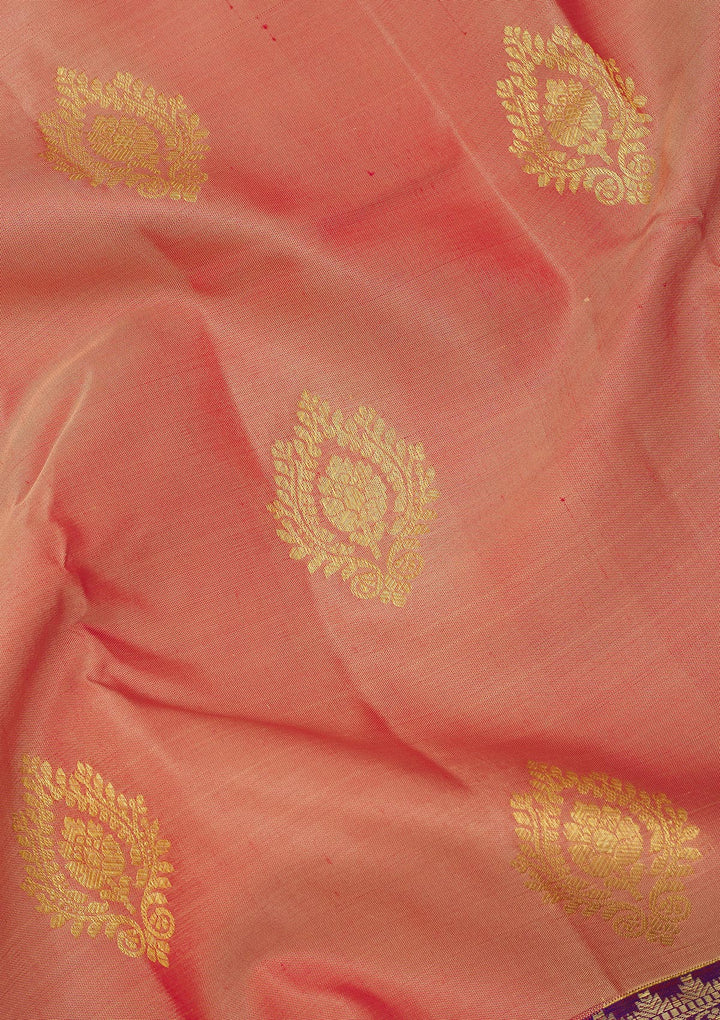 Peach Silk Buti Gold Zariwork Saree With Matching Blouse Piece