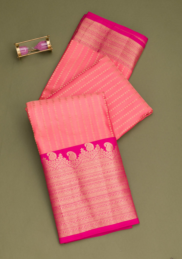 Peach Silk Buti Gold Zariwork Saree With Matching Blouse Piece