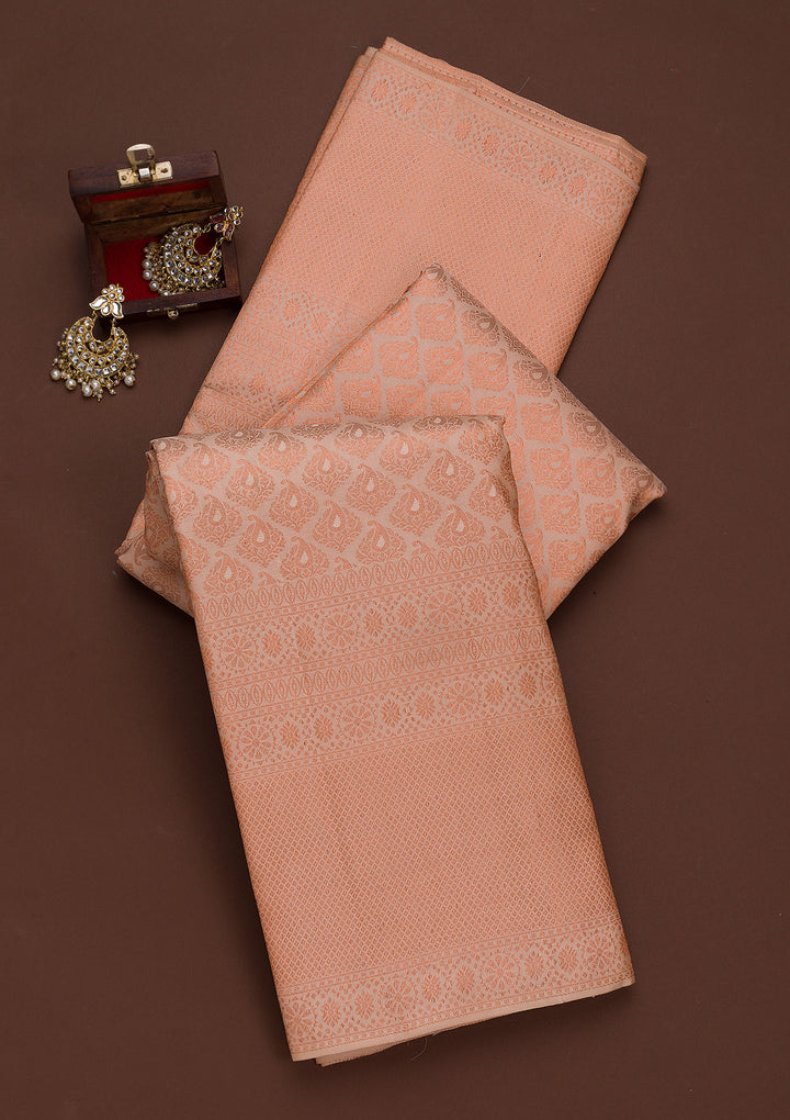 Peach Silk Jaal Antique Zariwork Saree With Matching Blouse Piece