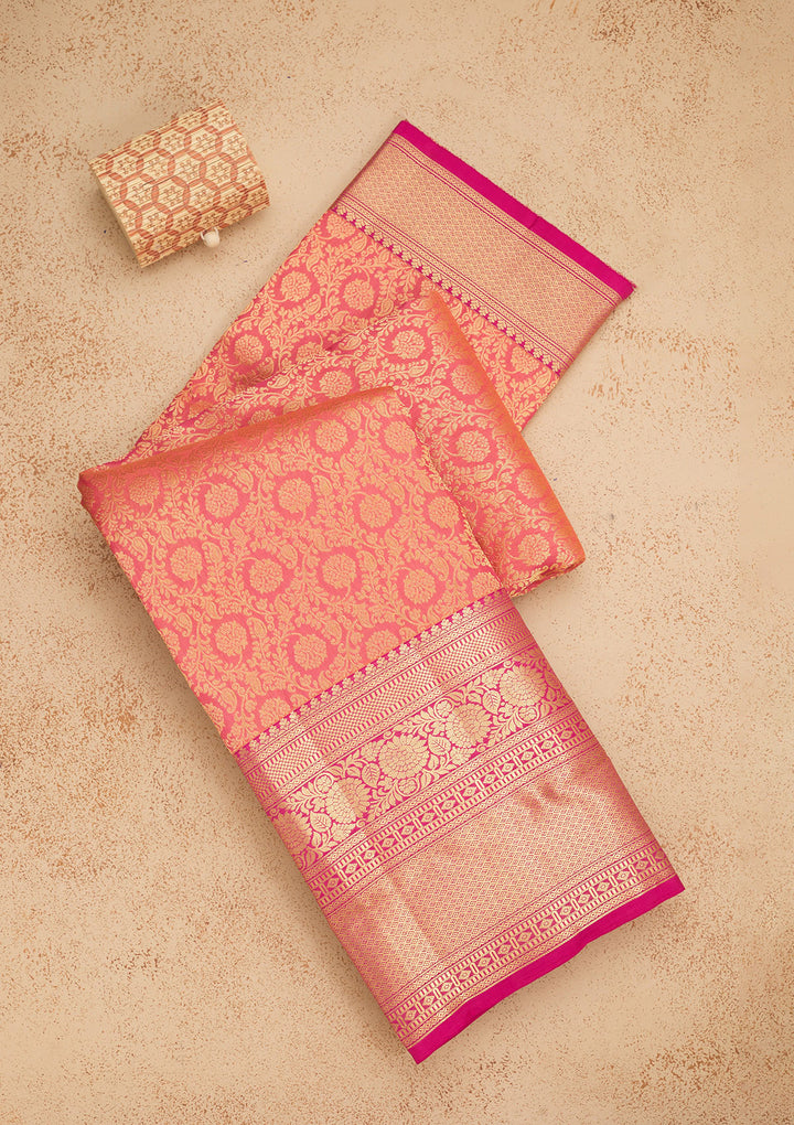 Peach Silk Jaal Gold Zariwork Saree With Matching Blouse Piece