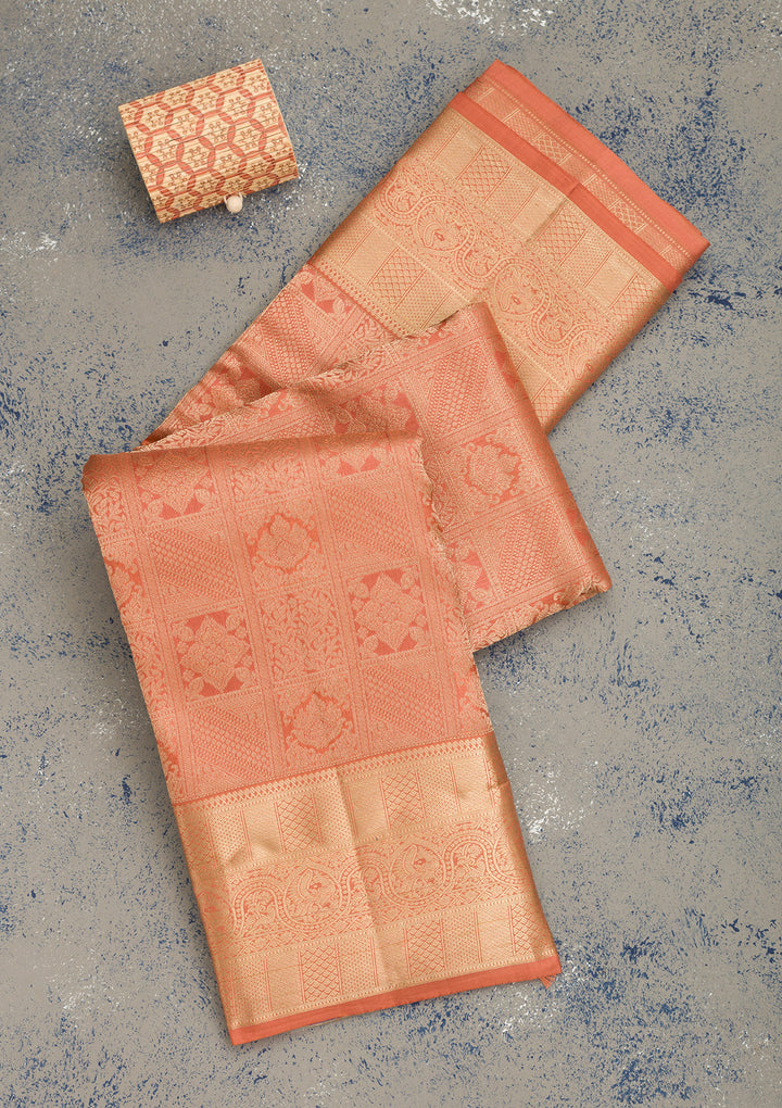 Peach Pure Silk Jaal Zariwork Saree With Matching Blouse Piece