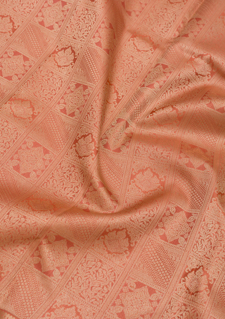 Peach Pure Silk Jaal Zariwork Saree With Matching Blouse Piece