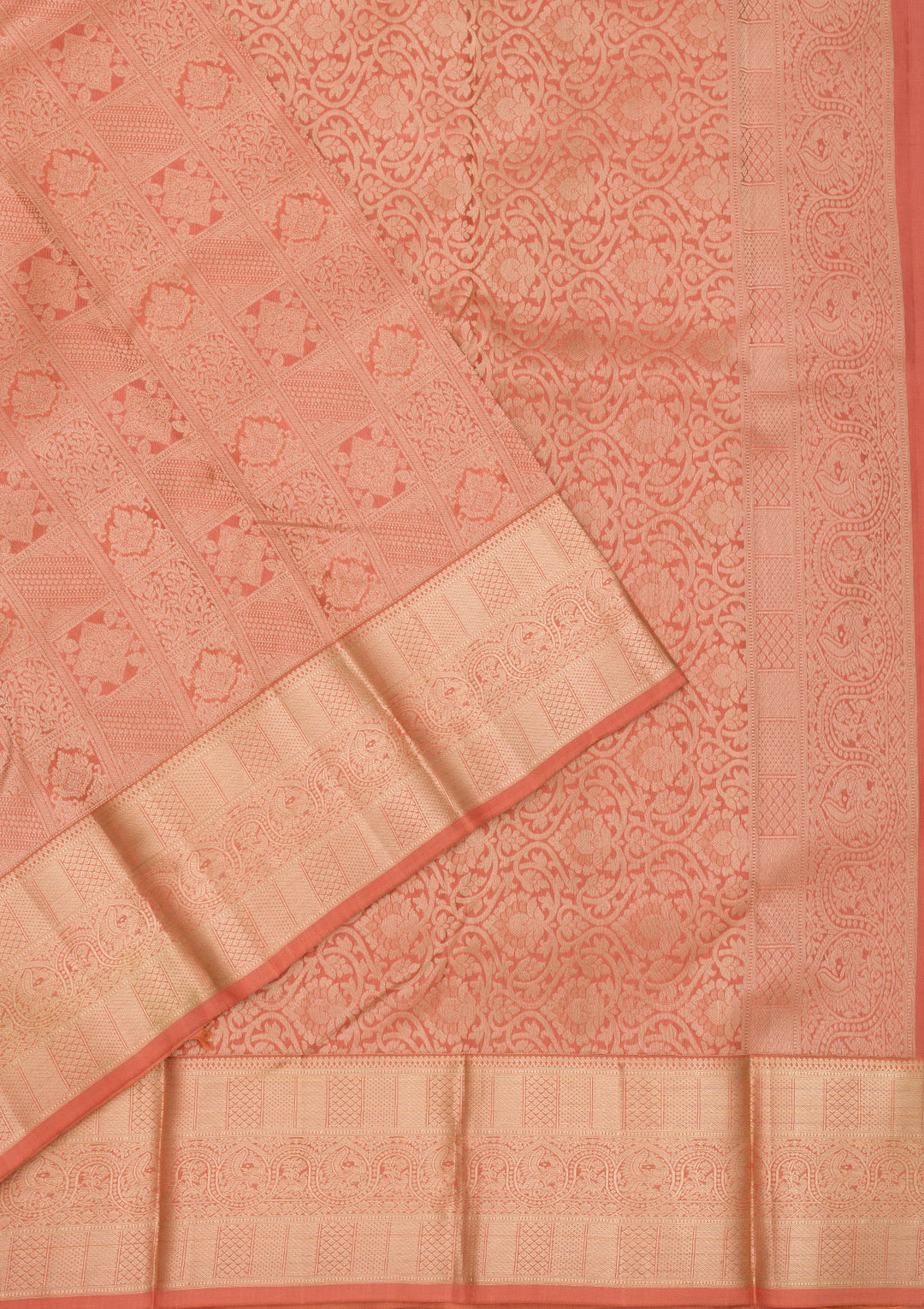 Peach Pure Silk Jaal Zariwork Saree With Matching Blouse Piece