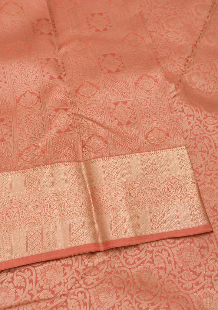 Peach Pure Silk Jaal Zariwork Saree With Matching Blouse Piece