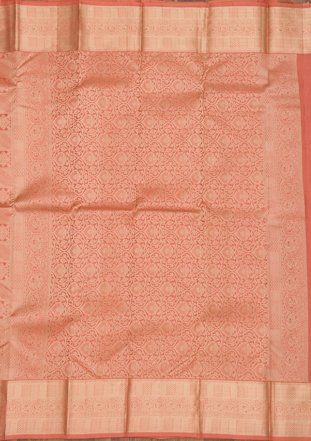Peach Pure Silk Jaal Zariwork Saree With Matching Blouse Piece