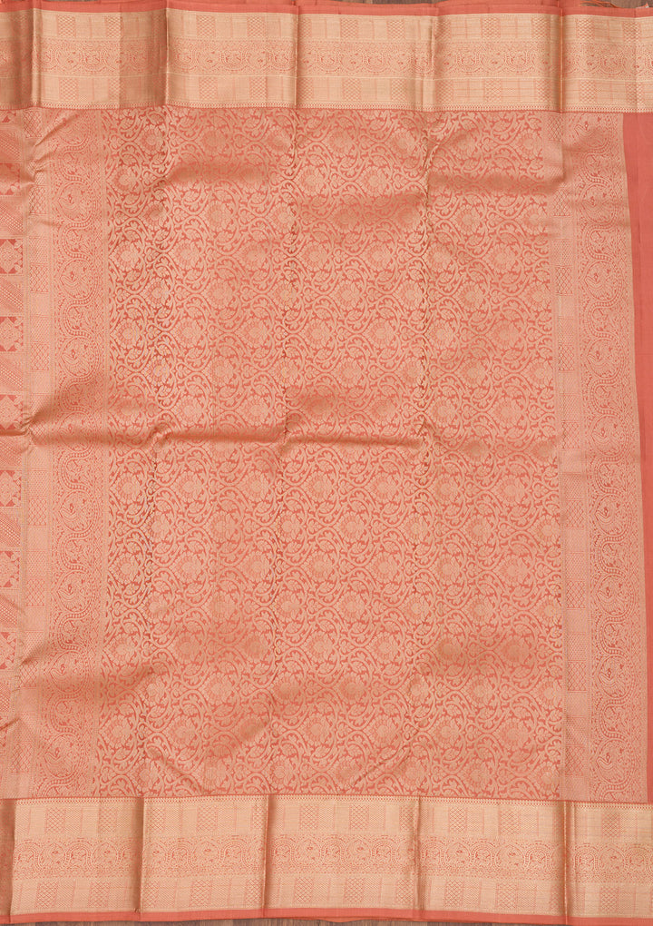 Peach Pure Silk Jaal Zariwork Saree With Matching Blouse Piece