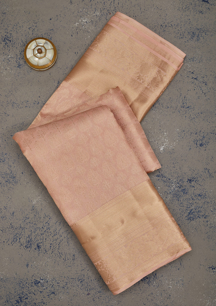 Peach Silk Jaal Gold Zariwork Saree With Matching Blouse Piece